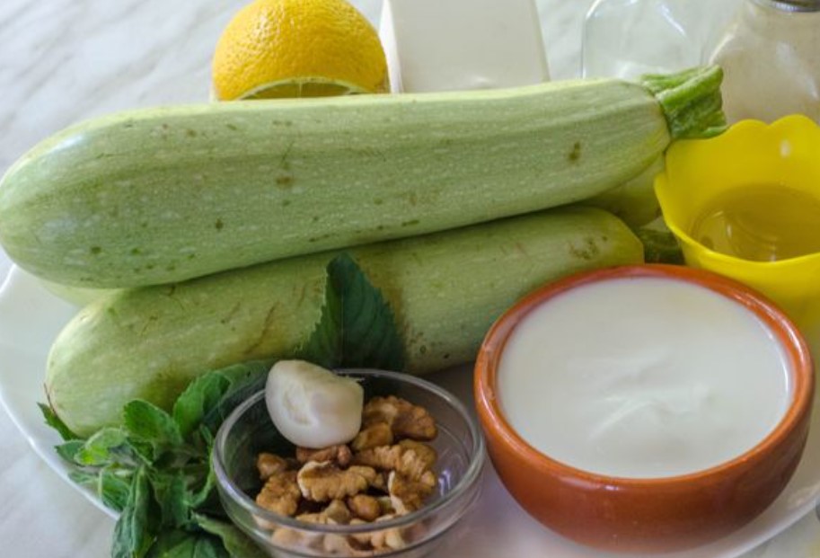 Fried Zucchini Salad with Feta, Nuts and Yoghurt Dressing step 1