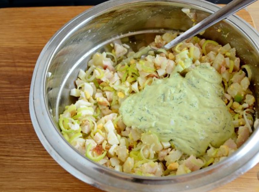 Potato Salad with Smoked Chicken and Sour Cream Avocado Dressing step 9