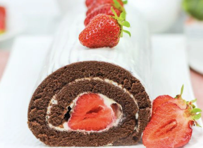 Chocolate Roll with Cream Cheese Cream and Strawberries