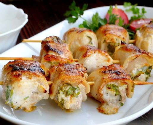 Chicken Fillet Kebab in a Yogurt Marinade, With Bacon