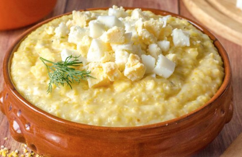 Corn Porridge with Melted Cheese and Boiled Eggs