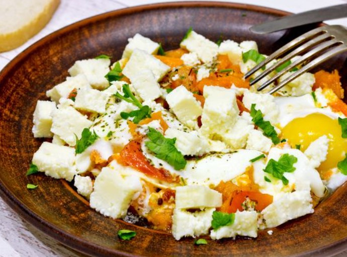 Fried Eggs with Pumpkin, Tomatoes and Feta Cheese