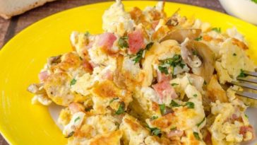 Breakfast Pizza with Mushrooms, Eggs, Ham and Goat Cheese