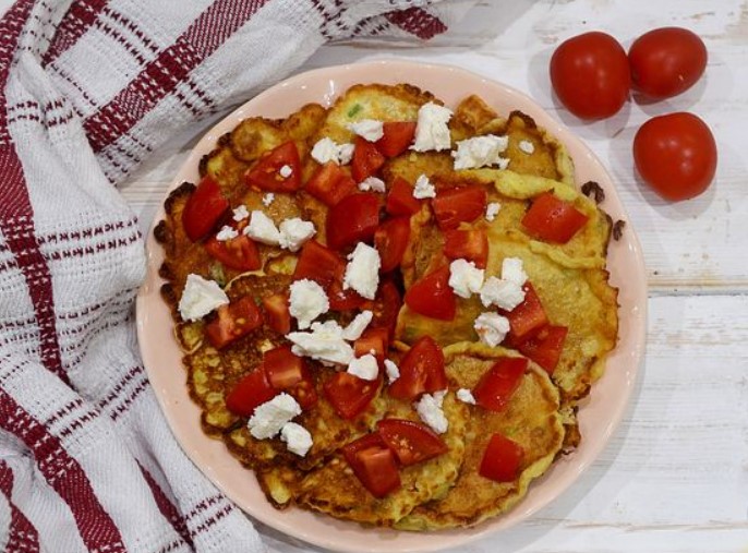 Omelette Pancakes with Feta Cheese, Tomatoes and Herbs