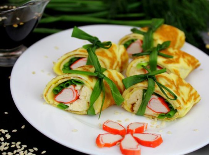 Egg Roll with Crab Sticks, Cheese and Green Onions