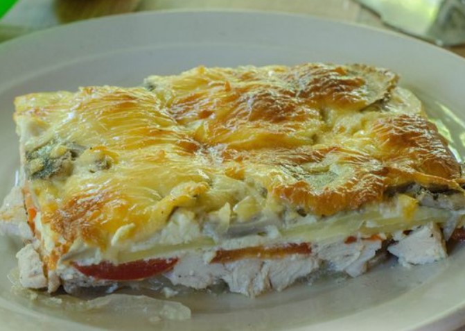 Chicken Fillet Casserole with Young Potatoes, Tomatoes and Mushrooms