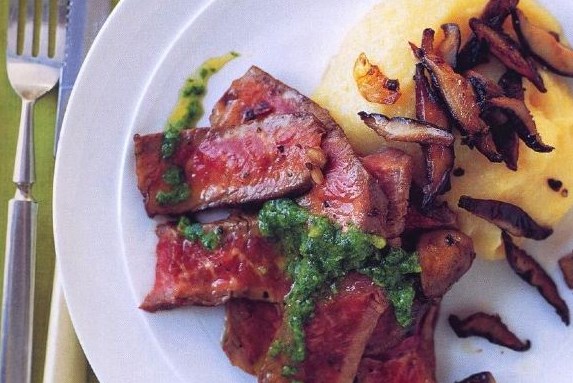 Steak with Parsley Sauce with Fried Mushrooms