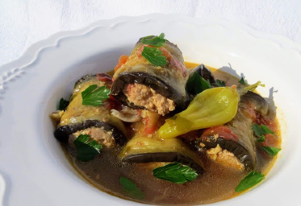 Eggplant Rolls with Minced Meat, Stewed with Peppers and Tomatoes