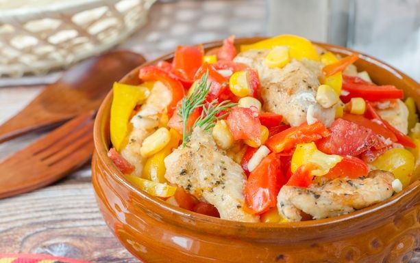 Baked Chicken Fillet with Tomatoes, Peppers and Corn