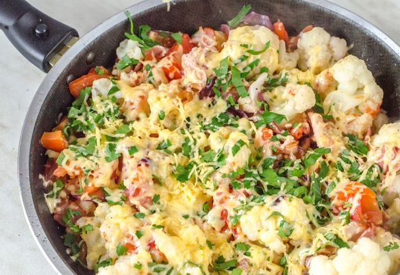 Cauliflower Stewed with Bacon and Tomatoes, Topped with Cheese step 13