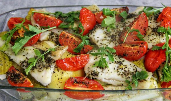 Fish Baked with Young Potatoes, Zucchini and Tomatoes