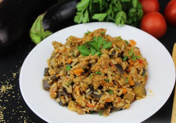 Eggplant Stewed with Minced Meat, Rice and Tomatoes
