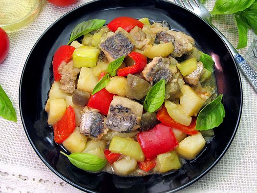 Fish Stewed with Potatoes, Eggplant and Zucchini