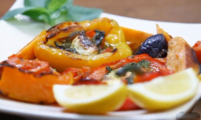 Warm Salad of Baked Vegetables with Pesto and Cheese