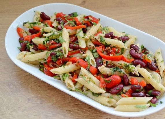Penne with Beans, Pickled Peppers and Nuts