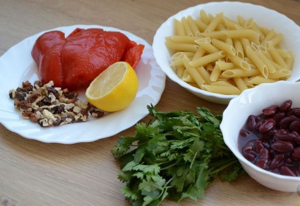 Penne with Beans, Pickled Peppers and Nuts step 1