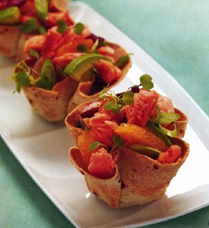Salmon with Shrimps and Avocado in Baskets