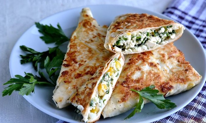 Lavash Envelopes with Cottage Cheese, Corn, Cucumber and Herbs