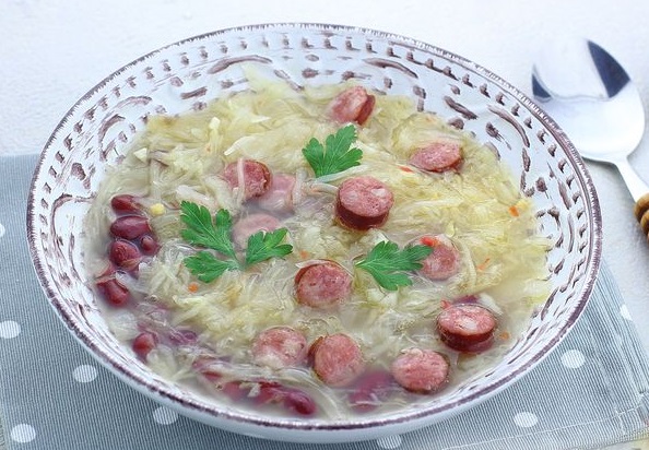 Soup with Sauerkraut, Beans, and Hunting Sausages