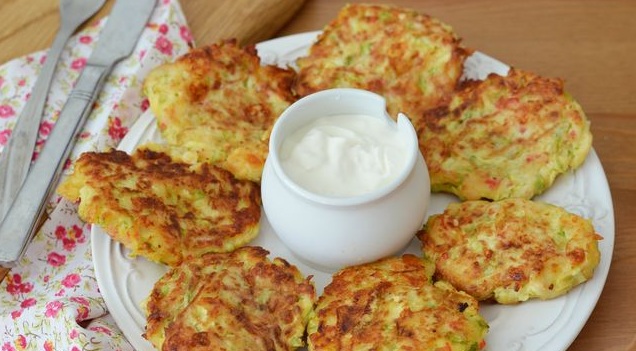 Zucchini Pancakes with Crab Sticks and Cream Cheese