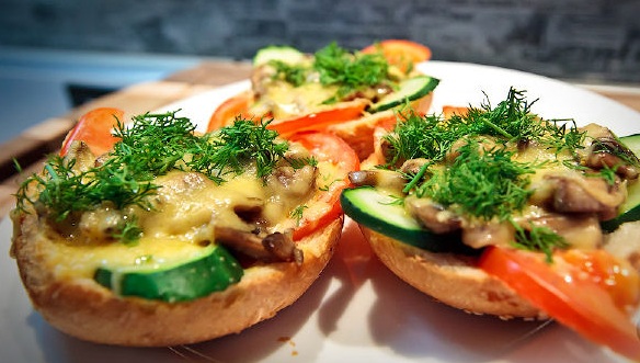 Hot Sandwiches with Mushrooms and Cheese in the Oven