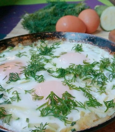 Fried Eggs with Zucchini, Herbs, and Garlic