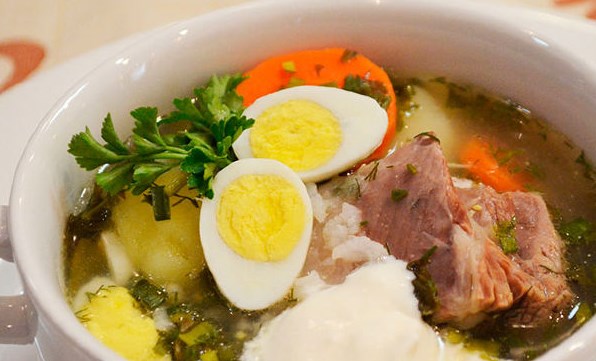 Green Borscht with Beef Ribs and Guail Eggs