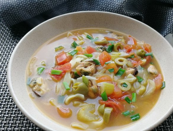 Soup with Mussels, Noodles and Vegetables, Chicken Broth