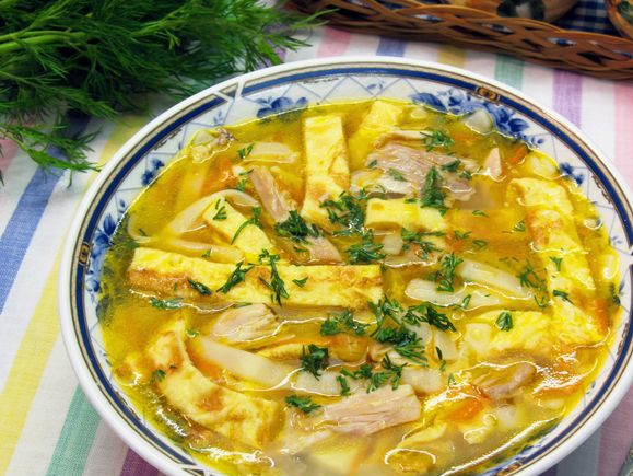 Chicken Noodle Soup with Egg Pancakes