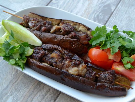 Mtsvadi (Lamb Kebab) in Eggplant