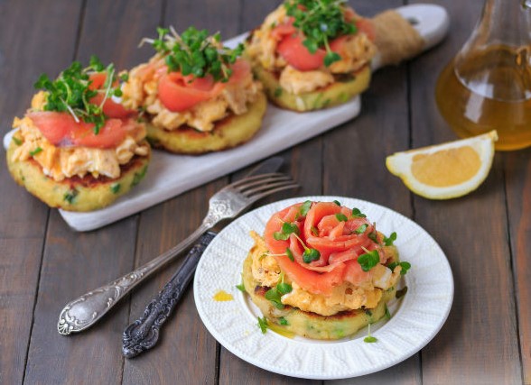 Potato Scones with Scrambled Eggs and Salmon