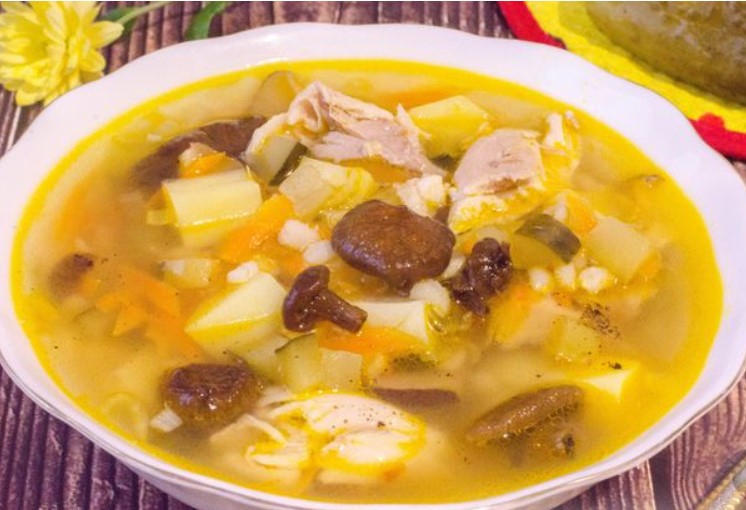 Rassolnik with Chicken, Dried Mushrooms, and Pearl Barley