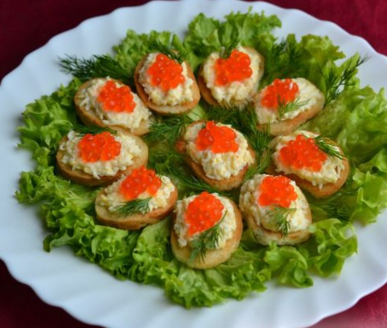 Canapes with Red Caviar and Cheese Salad