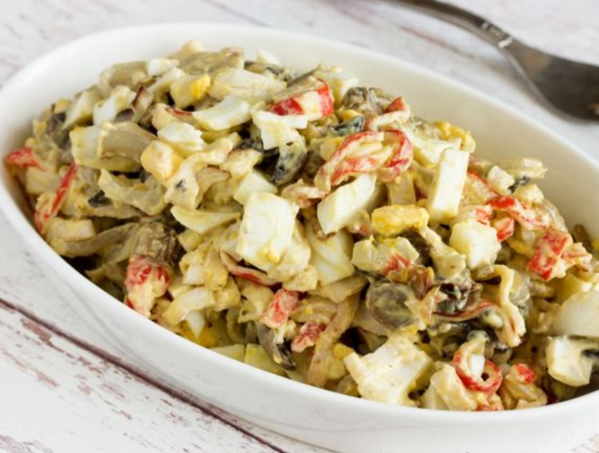 Salad with Fried Crab Sticks, Mushrooms and Eggs