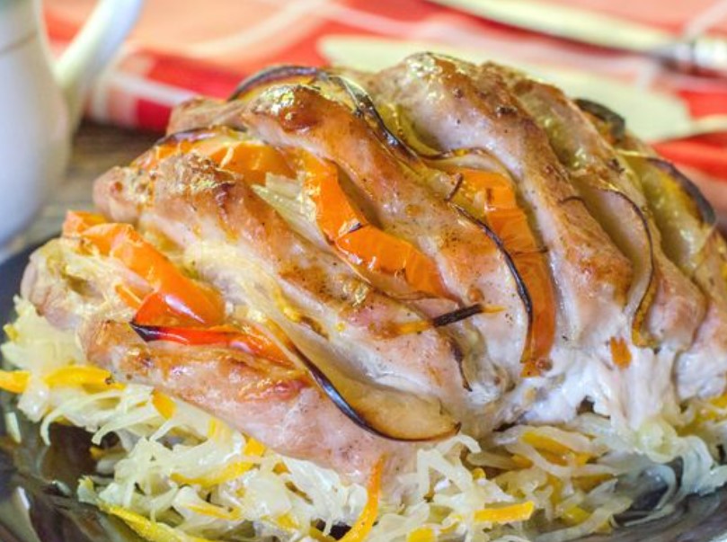 Meat “Accordion” Baked with Apples and Vegetables