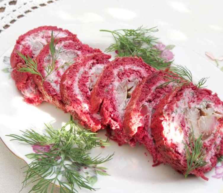 Beetroot Snack Roll Stuffed with Herring, Cream Cheese and Pickled Cucumbers