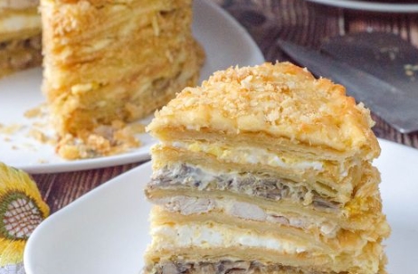 Snack Cake “Napoleon” with Chicken and Mushrooms
