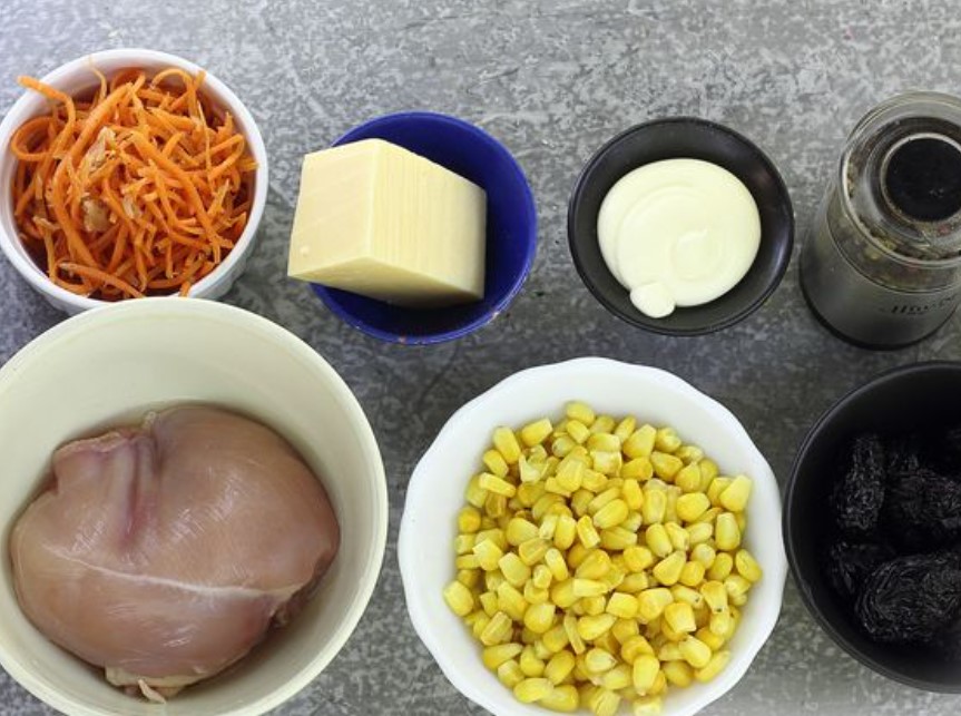 Salad with Chicken, Prunes, Korean Carrots, Corn and Cheese step 1