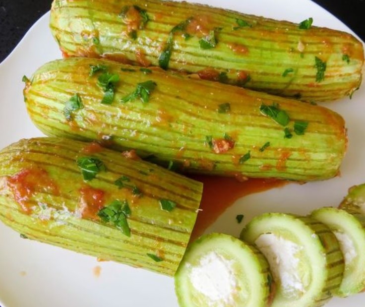 “Scratched” Zucchini Stuffed with Feta Cheese, in Tomato Sauce