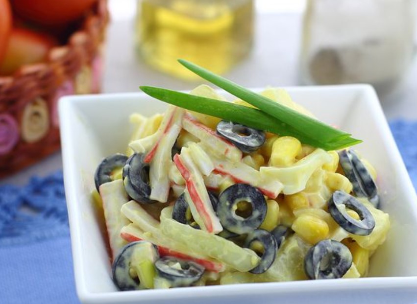 Salad with Crab Sticks, Pineapple, Olives and Corn