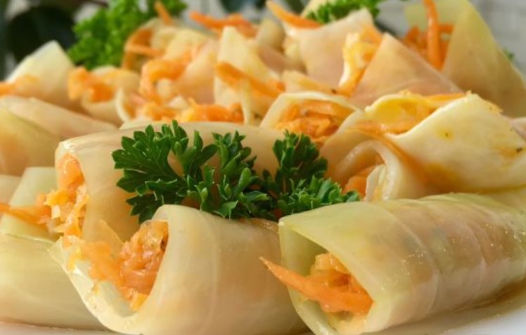 Korean Style Pickled Cabbage Rolls with Carrots