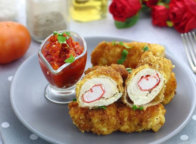 Chicken Rolls with Crab Sticks and Melted Cheese