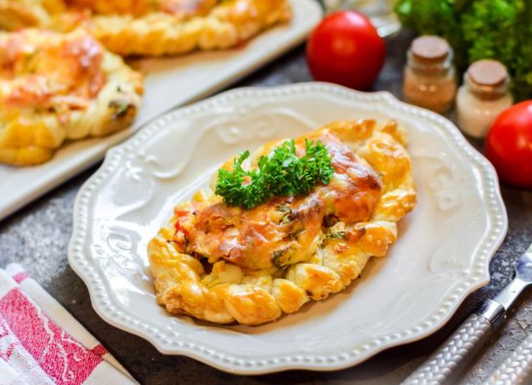 Puff Pastry Braided Hot Dogs with Melted Cheese and Tomatoes