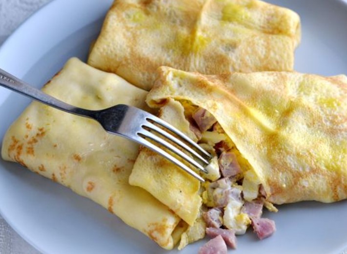 Pancakes with Milk, Stuffed with Boiled Eggs and Ham
