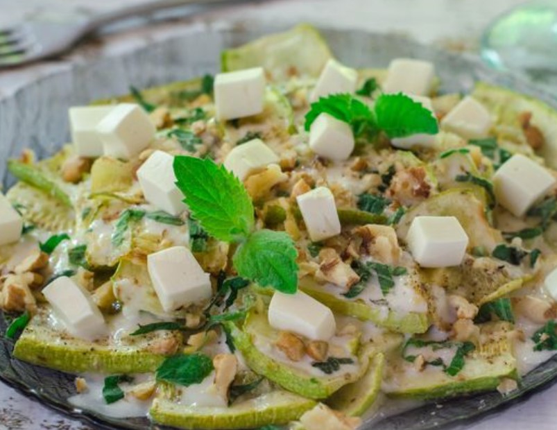 Fried Zucchini Salad with Feta, Nuts and Yoghurt Dressing