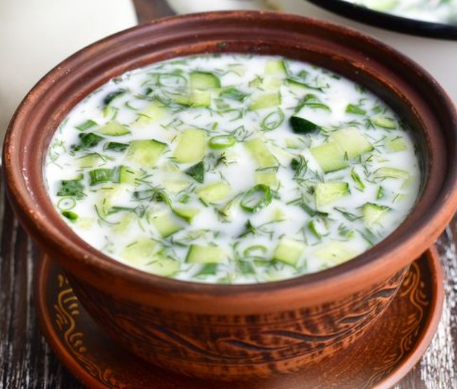 Cold Fermented Milk Soup with Cucumbers, Green Onions and Dill