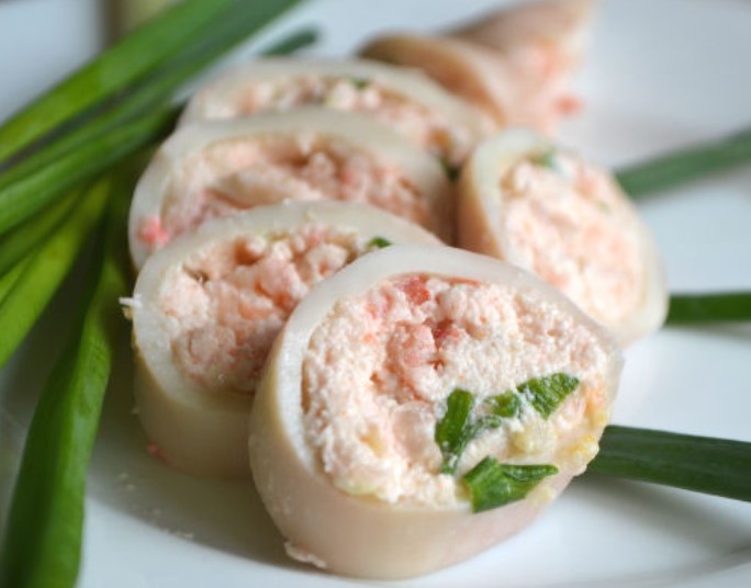 Squid Stuffed with Cottage Cheese and Shrimps