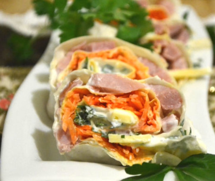 Lavash Roll with Cheese, Ham and Carrots