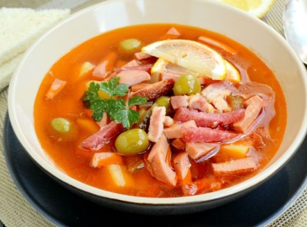 Solyanka with Sausage and Smoked Brisket