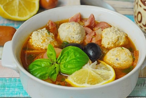 Solyanka with Smoked Meats and Chicken Meatballs